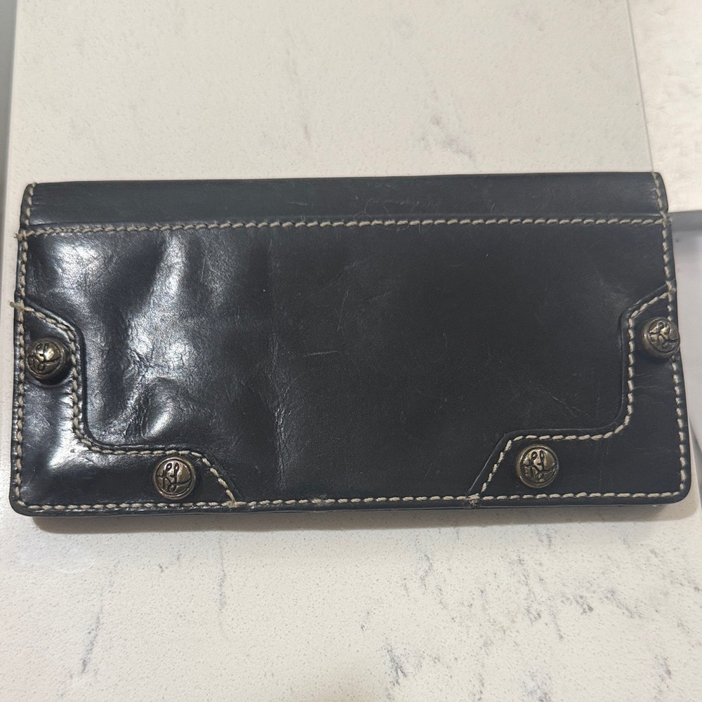 Kate Landry Black Leather Long Wallet with Contrast Stitching